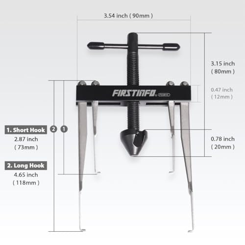 FIRSTINFO Crankshaft Camshaft Seal Puller with 2 Pairs of Hooks | Fits 27-80 mm / 1-3.1" oil seals removal • 4.6 in x2 + 2.87 in x2 hooks • Hook-tip engagement • Made in Taiwan - size: Removal Puller Kit