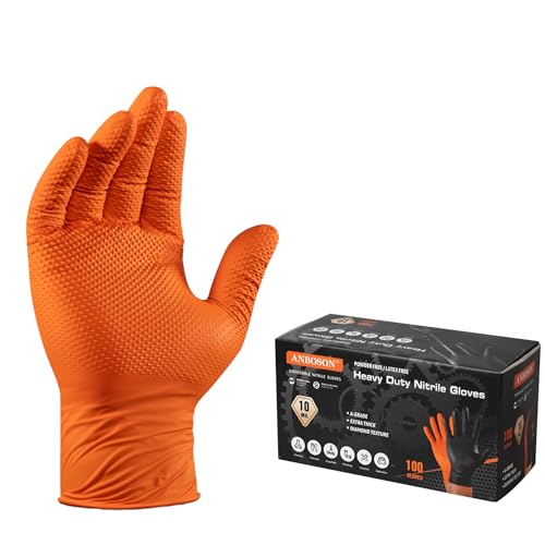 ANBOSON 10 Mil Heavy Duty Diamond Texture Nitrile Gloves, Medium, 100 Ct | 10 Mil Thickness, Diamond Texture Grip, Heavy Duty Protection, Meat Processing, BBQ Pitmasters, Commercial Kitchens - color: Orange of 100, size: Medium