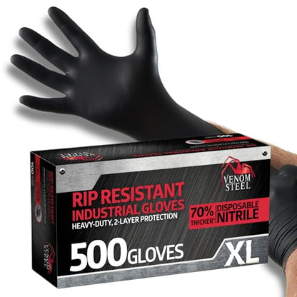 Venom Steel Nitrile Gloves, Rip Resistant Disposable Latex Free Black Gloves, 2 Layer Gloves, 6 mil Thick, X-Large (Pack of 500) - size: X-Large (Pack of 500)