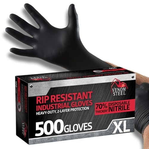 Venom Steel Nitrile Gloves, Rip Resistant Disposable Latex Free Black Gloves, 2 Layer Gloves, 6 mil Thick, X-Large (Pack of 500) - size: X-Large (Pack of 500)