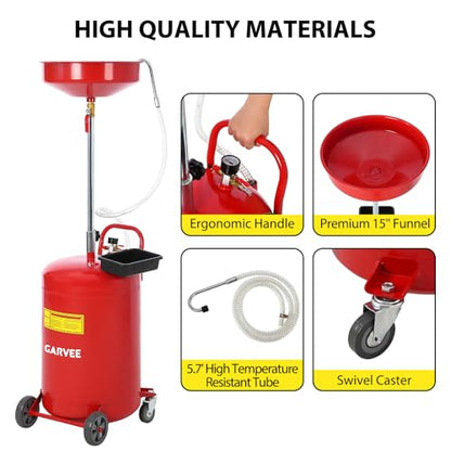 Garvee 20 gal Waste Oil Drain Tank, Portable Oil Drain Container, Air Operated Drainer, Fluid Fuel Transfer Drainage, Adjustable Funnel Height with Wheel &15 in Premium Bowl and a Toolbox, Red - size: 20 Gallon