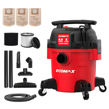 ECOMAX Ultra Quiet Shop Vacuum Wet and Dry 5 Gallon 4 HP | 80% Quieter Operation, 3X Longer Lifespan, Powerful Sunction & Portable Design for Garage, Workshop & Jobsite (EM18421P-5A)