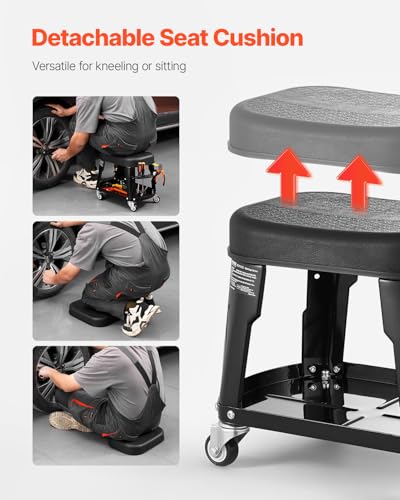 VEVOR Mechanic Stool, 300 lbs Capacity, Black, Industrial Style, Plastic Seat, Wheels, 360 Swivel, Tool Tray, Screwdriver Rack - color: Black