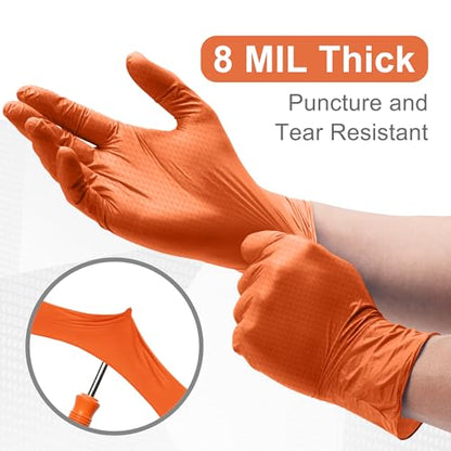 WECARE 8 Mil Nitrile Gloves - Heavy Duty Mechanic Gloves, with Diamond Grip - Powder and Latex Free Disposable Gloves - color: Orange, size: XX-Large
