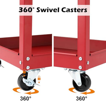 Winado 3 Tier Steel Utility Tool Cart with Drawer & Pegboard, Red | 330 lbs Capacity Rolling Service Cart with Lockable Wheels, Heavy Duty Garage Workshop Tool Storage for Warehouse, Factory