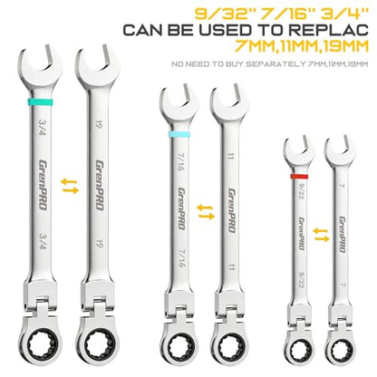 GRENPRO Ratchet Wrenches Set, 23PC Flex Head Ratcheting Wrench Set Metric and Standard & SAE, 6-18mm & 1/4" to 3/4" with Color Ring, CRV Open End Tool Organizer Pouch, Combination Ratchet Wrench Sets - style: 23PCS Flex Head Ratcheting Wrench Set Metric&S