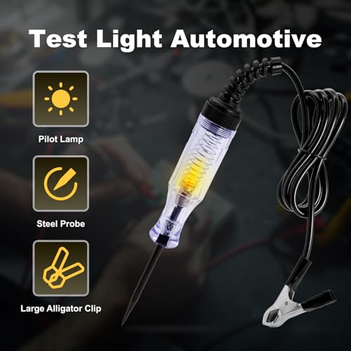 Test Light Automotive, Professional 6V-12V-24V DC Circuit Tester | Continuity & Car Fuse Tester with Alligator Clip and Long Steel Probe, Electric Tester Pen for Sedan, SUV, RV and Truck