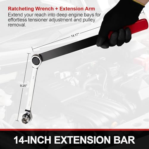 Crizendo15PCS Serpentine Belt Tool Kit, Universal Serpentine Belt Tensioner Tool with 14" Extension Bar & Ratchet Wrench, for Easy Belt Removal and Installation