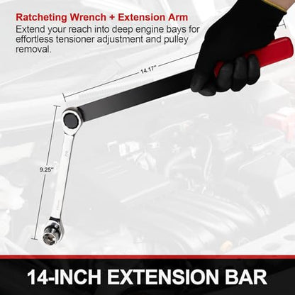 Crizendo15PCS Serpentine Belt Tool Kit, Universal Serpentine Belt Tensioner Tool with 14" Extension Bar & Ratchet Wrench, for Easy Belt Removal and Installation