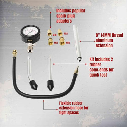 PMD Products Engine Cylinder Compression Tester Kit with Extender Tubes, 5 Spark Plug Adapters (M10, M12, M14, M16, M18), Dual Scale Compression Gauge, and Quick Check Rubber Cones