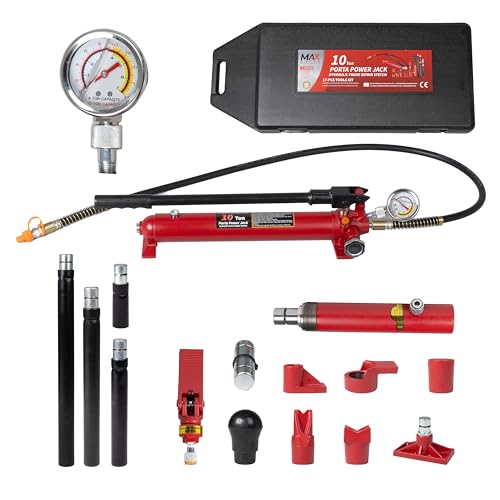 Maxority 10 Ton (20,000 lbs Capacity) Porta Power Jack Hydraulic Ram Auto Body Frame Collision Repair Kit Set, 17-Pcs, with Blow Mold Carrying Case and Gauge - size: 10 Ton with gauge
