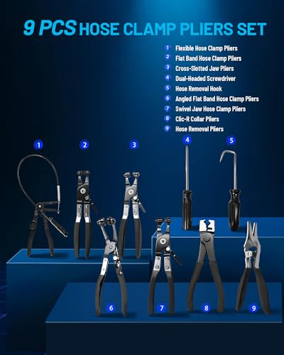 9Pcs Hose Clamp Pliers Set for Coolant/Fuel/Oil/Water Hoses | Flexible 24" Long Wire Spring Hose Clamp with Swivel Jaw, Clic-R Type Pliers, Hose Remover & Flat Band Clamp Tool, Red Case