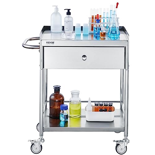 VEVOR Medical Cart, 2-Layer Stainless Steel Cart 220 lbs Weight Capacity, Lab Utility Cart with 360° Silent Wheels and a Drawer for Lab, Clinic, Kitchen, Salon - size: 2-tier with 1 drawer