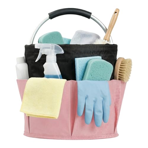 WOOHA Portable Cleaning Organizer, 17L Cleaning Bucket, Collapsible Shower Caddy with 6 Pockets for Cleaning Supplies, Bathroom, Kitchen, RV, Dorm, Garden, Black with Pink - color: Black with Pink, size: 1 Pack
