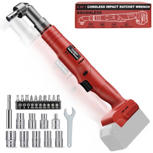 1/2" Cordless Ratchet Wrench Compatible with Milwaukee 18V Battery(Tool Only), 3-in-1 96FT-LBS Brushless Electric Ratchet with 3/8" Adapter & 1/4" Hex Bits, 6-Speed, 360° Rotating Head for Engine - color: Red Compatible With Milwaukee 18v Battery
