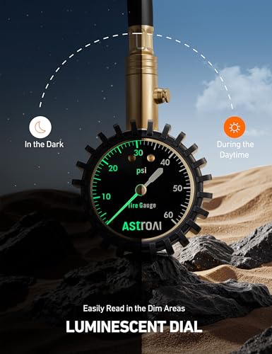AstroAI Tire Pressure Gauge for Cars with Large 2" Dial, Solid Brass with Rubber Hose, Air Bleeder Valve, ANSI B40.1, 0-60PSI - size: 0-60PSI