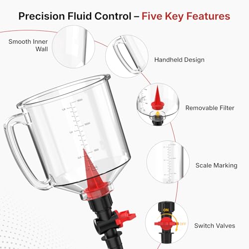 19-Piece Spill Proof Oil Funnel Kit For Automotive Use w/ 12 Adapter, 1.6QT | LOYAMAT Oil Funnel w/ 12 Adapters, 2 Magnetic Trays, 45° Elbows, Filter & Gloves Transparent Body w/Scale & Shut-Off Valve