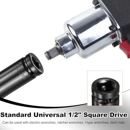 HARFINGTON 3pcs 6-Point Deep Impact Socket 1/2" Drive 22mm Metric Socket 5.7" (145mm) Extra Long Heat-Treated 45# Steel for Home Auto Spindle Axle Hex Nuts Bolts Repair, Black - size: 22mm + 5.7" Long