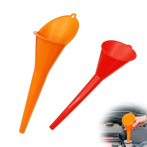 2Pcs Long Neck Oil Funnels, Hand-Free No Cover Plastic Lubricant Filling Funnel, for Filling Automotive Oil, Coolant & Other Liquids, Top Hanging Loop Portable Oil Change Accessory for Most Cars
