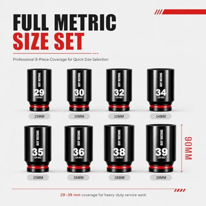 8PCS 1/2"Impact Socket Set Metric,29mm,30mm,32mm,34mm,35mm,36mm,38mm,39mm, Axle Nut Impact Socket Set L90, 12 Point CR-MO - size: 12 Point 8PCS 1/2" Socket Set Metric