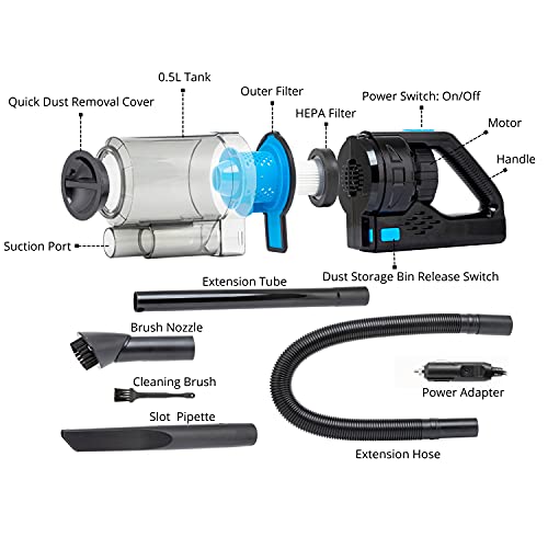 Neiko Portable Wet Dry Car Vacuum, High Power, Small Vacuum for Vehicle Detailing, 12V DC Power, Best for Automotive or Boat