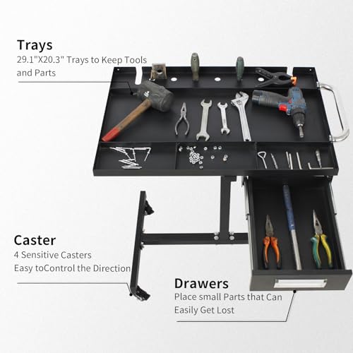 Rolling Tool Tray with Wheels,29×20×34in Tear Down Work Table with Drawers,220lbs Capacity Mechanics Rolling Work Table for Garage, Shop, DIY (Black) - size: Black