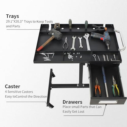 Rolling Tool Tray with Wheels,29×20×34in Tear Down Work Table with Drawers,220lbs Capacity Mechanics Rolling Work Table for Garage, Shop, DIY (Black) - size: Black