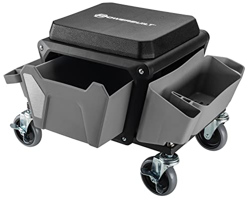 Powerbuilt Rolling Work Seat Brake Stool with 4-inch Rubber Lockable Wheels, Big Seating Platform, Tool Trays and Drawer 330 lb. Capacity, Mechanics, Gardening, Garage - 941881ECE, Grey - style: Grey with Foam Seat Cushion