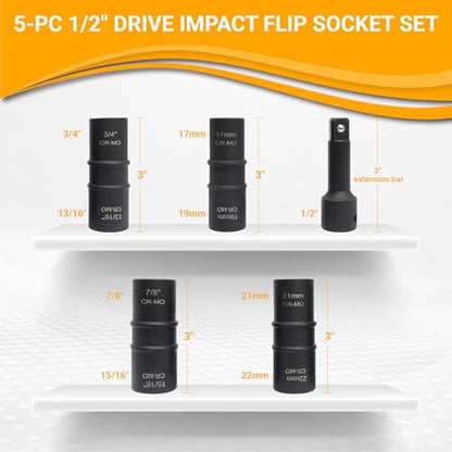 Lug Nut Socket Set, 5pc 1/2" Drive Impact Flip Socket Set with Metric 17 19 21 22 mm & SAE 3/4 13/16 7/8 15/16 in. Sockets, Double Ended Thin Wall Nut Sockets with 3" Extension Bar - size: Flip, 17 19 21 22 mm & 3/4 13/16 7/8 15/16 in.