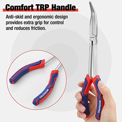 WORKPRO 3PC Long Reach Pliers Set, 11'' Straight, 90° & 45° Bent Nose Plier | Extra Long Needle Nose Plier Set For Narrow Spaces