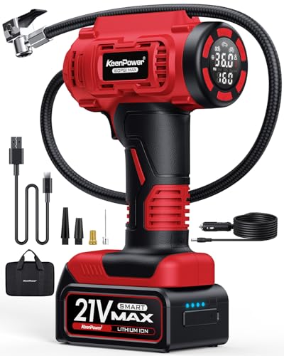 KeenPower Cordless Tire Inflator Portable Air Compressor, 160PSI Car Tire Air Pump, 21V Rechargeable Battery Powered Air Compressor, Dual Power, Larger HD Digital Gauge w/4+N Smart Modes (Red) - color: Red