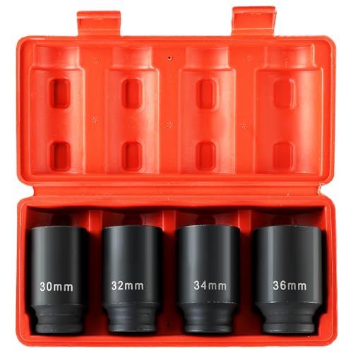 DASBET 1/2" Drive Deep Impact Socket Set 4PCS | Heavy Duty Drive Deep Spindle Axle Nut Impact Socket Set 12 Point, Metric 30mm, 32mm, 34mm, 36mm
