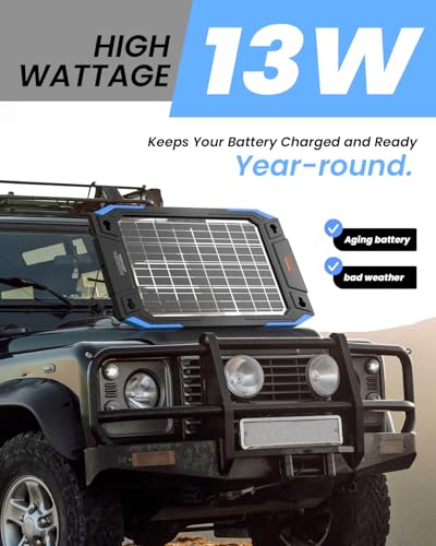 BALDR 12V Solar Battery Charger, 13W Waterproof Dual Sided Battery Maintainer, IP67 MPPT Trickle Charger for Car, Trailer, Lawn Mower, Boat - color: Blue