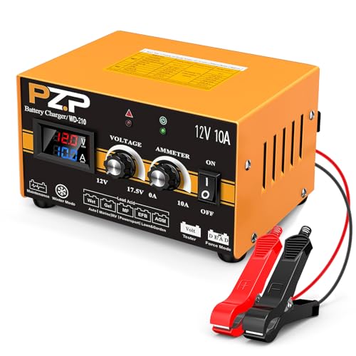 PZP 12V Manual Battery Charger Maintainer, 0 to 10A Arbitrarily Adjustable Car Battery Trickle Charger, Battery Desulfator with Repair, Winter Mode, Suitable for Lawn Mower, AGM, Deep Cycle Batteries - color: Tangerine