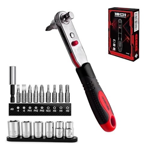 IRONCUBE Angle Ratchet Screwdriver Set: 16 Piece Magnetic Bit & SAE Socket with 90 degree Mini Offset Low Profile Reversible Drive Handle - style: 16-in-1 Bits & Sockets