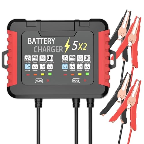 12V 2-Bank Onboard Battery Charger, 10A 5A Per Channel IP68 Waterproof Charger, 6-Stage Trickle Charger with Battery Maintainer & Desulfator for AGM Lithium Calcium Battery for Car RV Boat