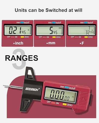 GODESON Tire Tread Depth Gauge, Digital Tire Thread Depth Gauge with 3 Modes-32NDS, 1 Inch and 25.4MM, Large Screen & Color Scale Code Easy to Read,Suitable for Motors, Cars, SUV (Red) - color: Red