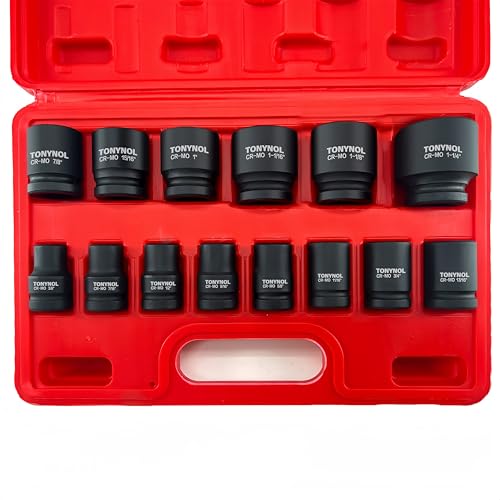 TONYNOL 1/2 Inch Shallow Drive Impact Socket Set,6-Point,SAE(3/8" to 1-1/4"),14 Pcs,Cr-Mo Steel,With a Storage Case - size: 1/2" 14PC Shallow SAE (9.5-32mm), style: 6-Points