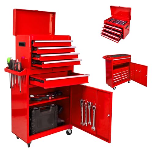 5-Drawer Tool Chest, Rolling Tool Box with Detachable Top Toolbox & Universal Wheels, Tool Cabinet with Lock Bar, Protective Liner & Tool Rack, Metal Storage Cart for Workshop,Garage (Red) - color: Red, size: 5 Drawers
