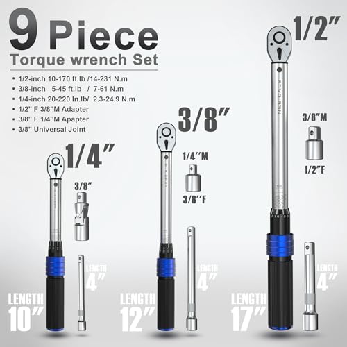 9PCS Torque Wrench Set 1/4 20-220 Inlb,3/8 5-45 &1/2 10-170 Ftlb,6 extension bar&adapter,±3% Accuracy,72 T,Dual Scale,Chrome plated, anti-rust,not scratch&wear-resistant than Black,DIY,car,bike&truck