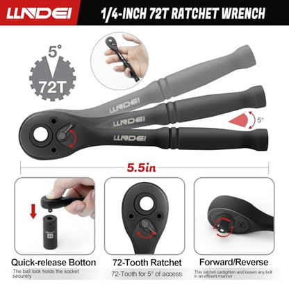 LLNDEI 1/4" Drive Socket Set & Nut Driver Set 44PCS, 1/4-Inch Sockets Deep&Shallow Metric(4-15mm) with Ratchet, 1/4" Hex Shank 6" Long Nut Drivers(6-14mm) for Impact Drill Bits(PH1 PH2) - size: 44PCS Metric