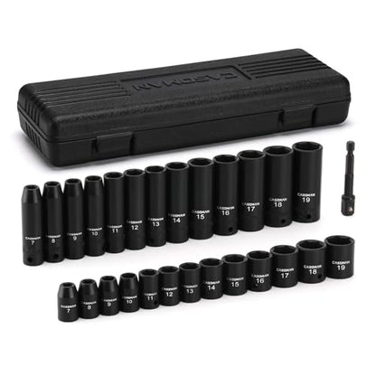 CASOMAN 27 Pieces 3/8-Inch Drive Impact Socket Set, Deep & Shallow, Metric (7mm - 19mm), 6 Point, CR-V Steel - size: 3/8"Dr. Metric