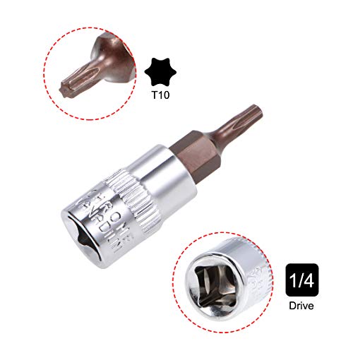 uxcell 3pcs 1/4" Drive x T10 Torx Bit Socket, S2 Steel Bits CR-V Sockets 38mm Length Use with Ratchet Wrench, Slide Bar, Extension Rod - size: T10