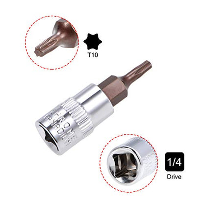 uxcell 3pcs 1/4" Drive x T10 Torx Bit Socket, S2 Steel Bits CR-V Sockets 38mm Length Use with Ratchet Wrench, Slide Bar, Extension Rod - size: T10