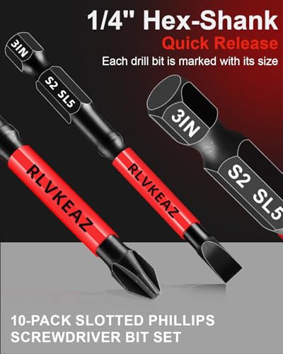 10-PCS 3" Long Magnetic Screwdriver Bits Set: Phillips Bits #1/#2/#3 & Slotted Head - S2 Alloy Steel, 1/4" Hex Shank for Impact Driver, Power Drill - Pro & DIY - style: 3'' slotted phillips bit 10pcs