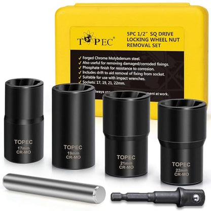 Topec 6PCS Wheel Lock Removal Kit, 1/2-Inch Drive Lug Nut Removal Tool, 17,19,21,22mm Stripped Lug Nut Remover, Extractor Socket Set for Broken, Damaged, Rounded Bolts - size: 6 PCS