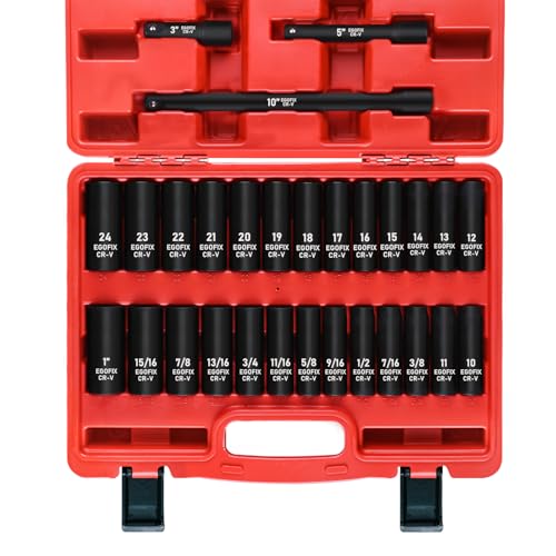 29 Pieces 1/2" Socket Set, Drive Deep Impact Socket Set with 3", 5", 10" Extension Bars, 6 Point SAE and Metric (3/8"-1", 10mm-24mm), Cr-V Steel - style: 1/2-29PCS
