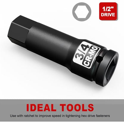 1/2" Drive H3/4-Inch Impact Hex Bit Socket, SAE Allen Bit Socket, Cr-Mo Steel, Removing Loosening Hexagon Bolts - size: 1/2" H3/4 Deep
