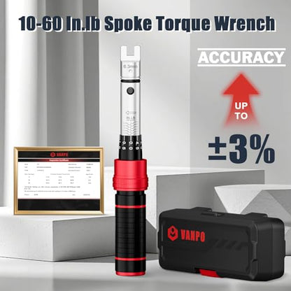 VANPO Spoke Torque Wrench, 10–60 in-lb, for Motorcycle Wheel Maintenance | 1/4" Drive Small Torque Wrench Kit with 9 Spoke Wrench Heads (5.1-6.9mm) & Spline, Spoke Wrench for Mountain, Road Bike - size: Spoke(10-60 in.lb)