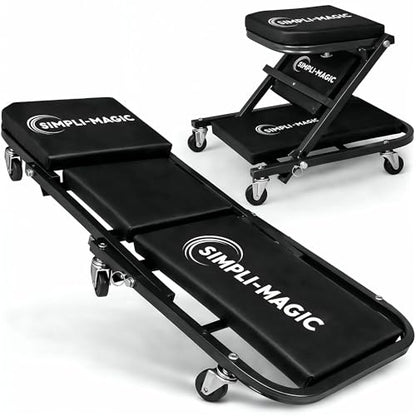 SIMPLI-Magic 2-in-1 Mechanic Creeper and Seat, Adjustable Rolling Automotive Creeper with Padded Cushion and Casters, Black